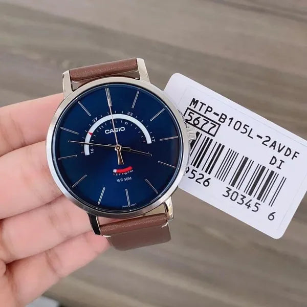 Casio férfi kvarc karóra, 44 mm, kék számlap, barna bőrszíj, 50 m WR