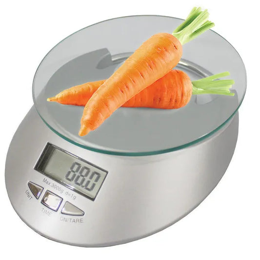 Üvegfelületű digitális konyhai mérleg, LCD, 5 kg/1 g, óra funkció