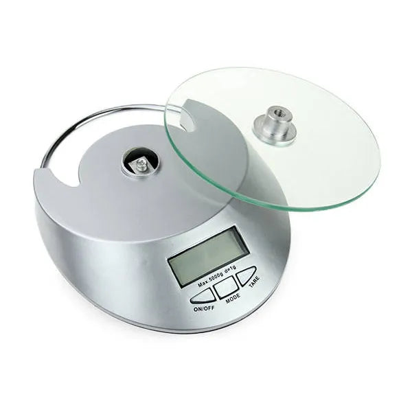 Üvegfelületű digitális konyhai mérleg, LCD, 5 kg/1 g, óra funkció