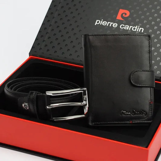 Díszdobozos Pierre Cardin férfi bőr pénztárca és öv szett, fekete