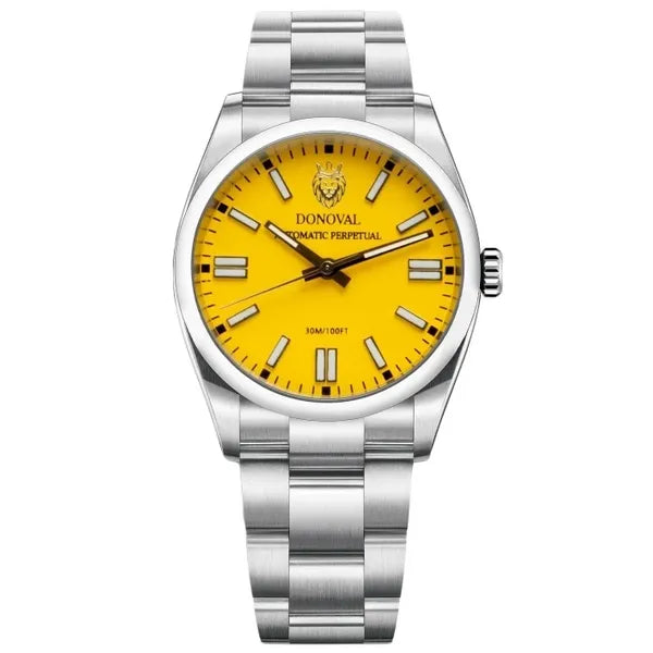 Donoval automata karóra, 41 mm, sárga számlap, zafírüveg, acél szíj