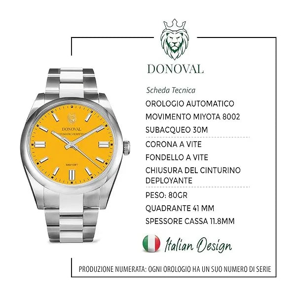 Donoval automata karóra, 41 mm, sárga számlap, zafírüveg, acél szíj