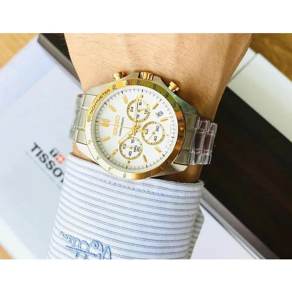 Férfi kronográf karóra, Seiko SBTR024, quartz, acél, WR100, ezüst/arany
