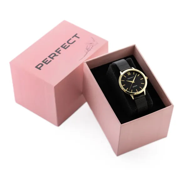 Perfect női quartz karóra fekete-arany 35 mm fémszíj + díszdoboz