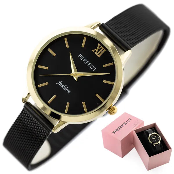 Perfect női quartz karóra fekete-arany 35 mm fémszíj + díszdoboz