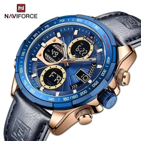 Naviforce férfi kvarc karóra, kék számlap, bőr szíj, ébresztő