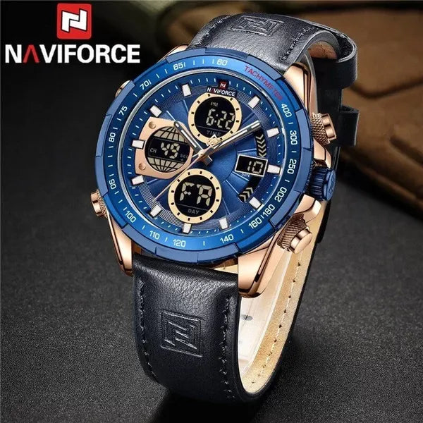 Naviforce férfi kvarc karóra, kék számlap, bőr szíj, ébresztő