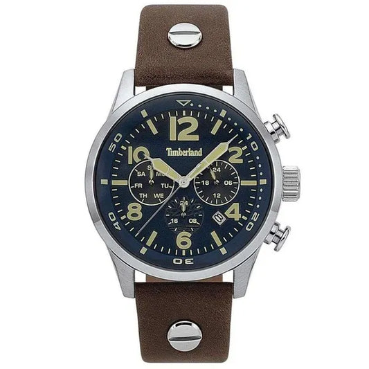 Timberland férfi kvarc karóra, 44 mm acél tok, barna bőrszíj, kék számlap