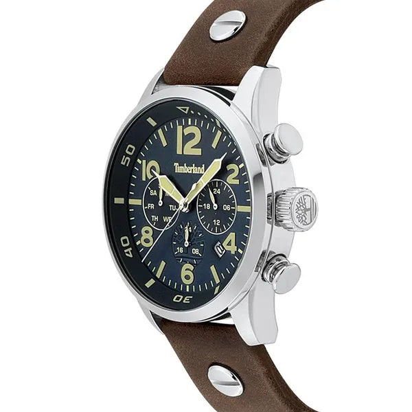 Timberland férfi kvarc karóra, 44 mm acél tok, barna bőrszíj, kék számlap