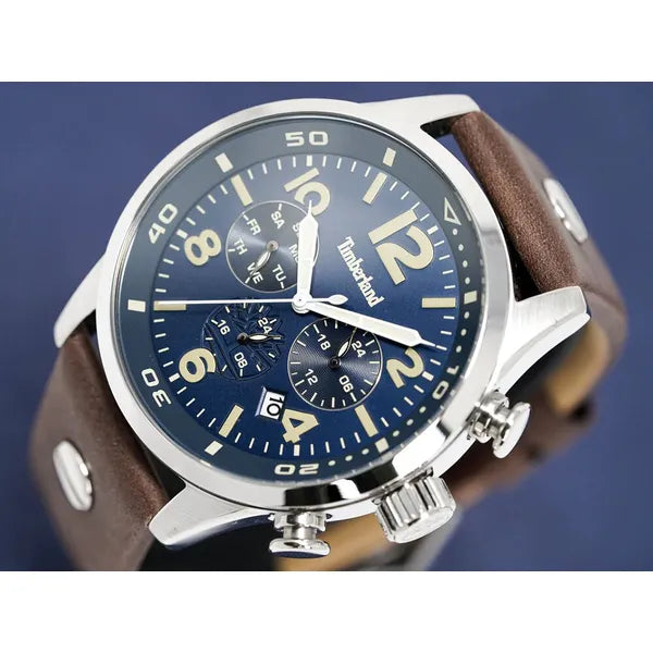Timberland férfi kvarc karóra, 44 mm acél tok, barna bőrszíj, kék számlap