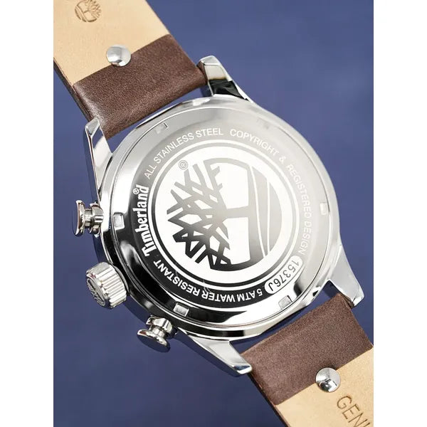 Timberland férfi kvarc karóra, 44 mm acél tok, barna bőrszíj, kék számlap