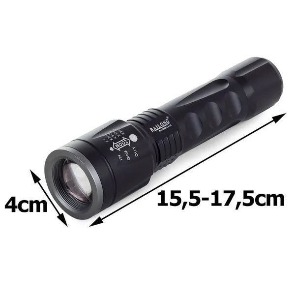 Taktikai LED zseblámpa CREE XM-L3 U3 zoommal, 400 m hatótáv, akkumulátor