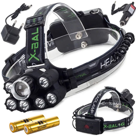 Taktikai fejlámpa CREE XM-L T6 + 2 UV + 4 XP-E LED, 400 m, USB-tölthető