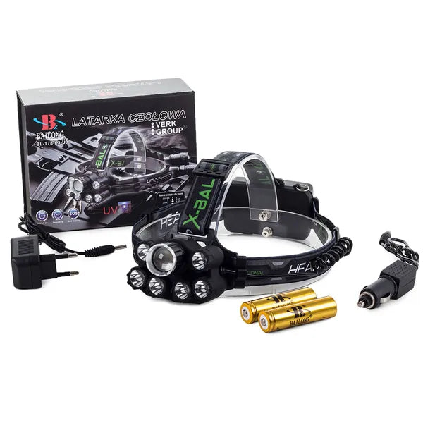 Taktikai fejlámpa CREE XM-L T6 + 2 UV + 4 XP-E LED, 400 m, USB-tölthető