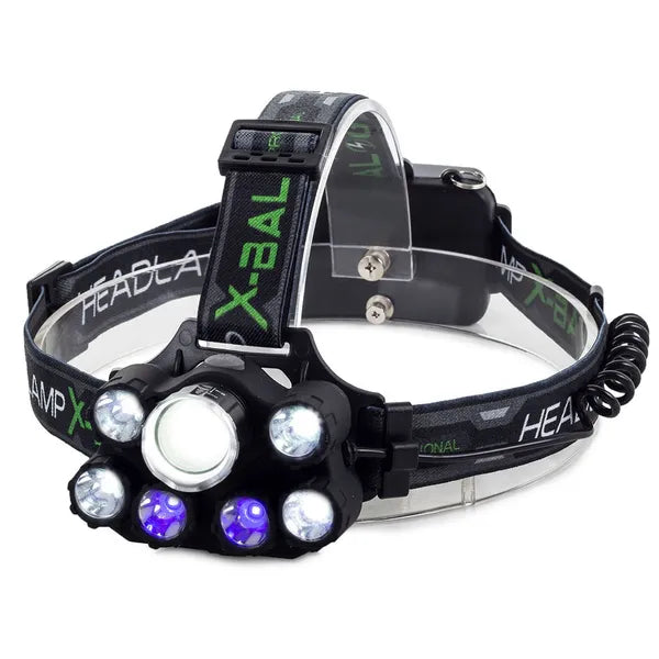 Taktikai fejlámpa CREE XM-L T6 + 2 UV + 4 XP-E LED, 400 m, USB-tölthető