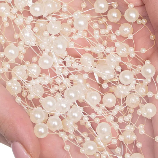 Krém színű műanyag gyöngyfüzér, 8+3 mm gyöngy, 5 m