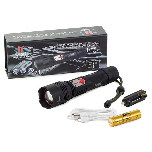 Bailong W767 taktikai zseblámpa CREE XM-L T6 LED, USB-s, 400 m zoom