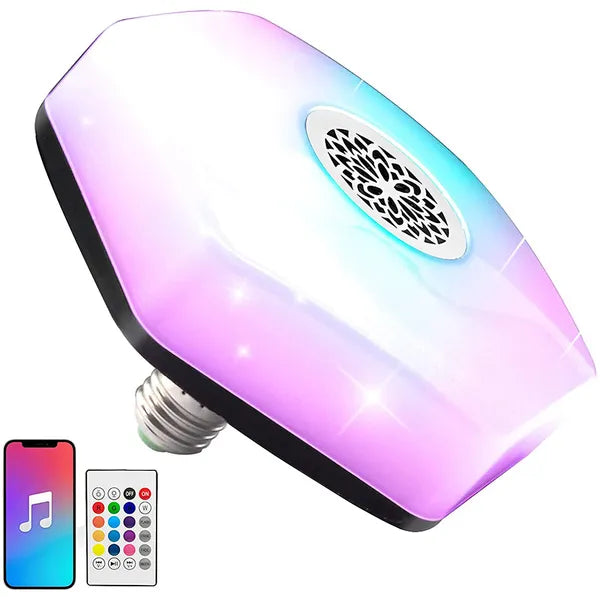 RGBW LED izzó E27 foglalattal, beépített Bluetooth hangszóró és távirányító
