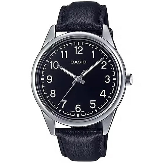 Casio férfi kvarc karóra bőrszíjjal, fekete számlap, 40 mm, WR30