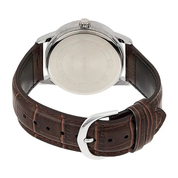 Casio MTP-V002L-7B2 férfi karóra barna bőrszíjjal ezüst számlappal 44mm WR30