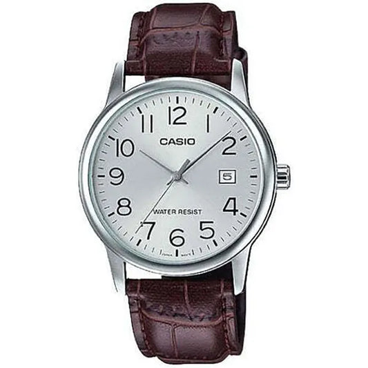 Casio MTP-V002L-7B2 férfi karóra barna bőrszíjjal ezüst számlappal 44mm WR30