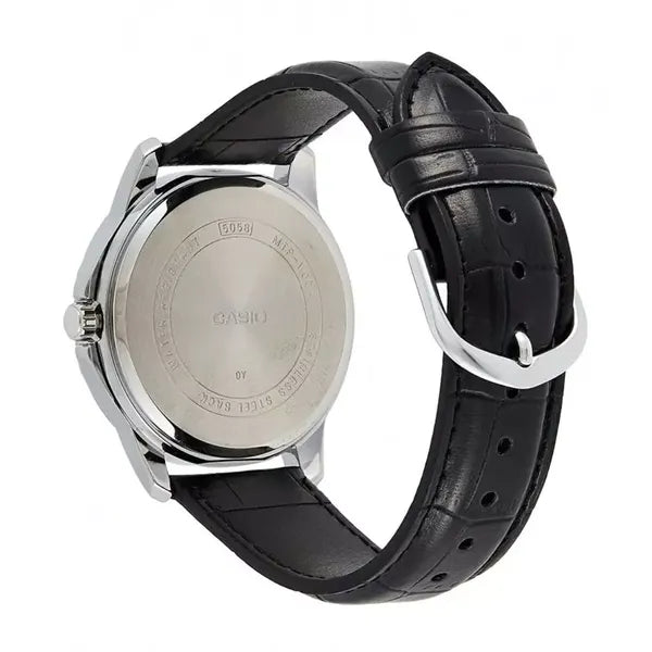 Casio MTP-V004L-1B férfi karóra, fekete számlap, bőr szíj, 42 mm