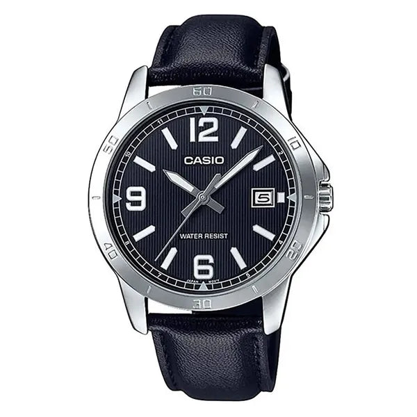 Casio MTP-V004L-1B férfi karóra, fekete számlap, bőr szíj, 42 mm