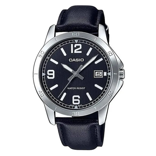 Casio MTP-V004L-1B férfi karóra, fekete számlap, bőr szíj, 42 mm
