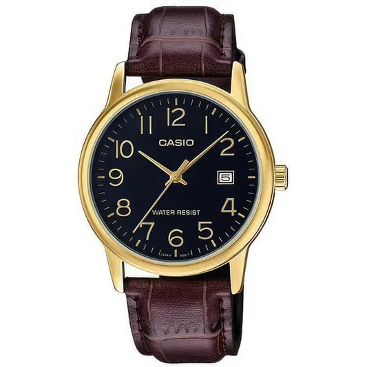 Casio MTP-V002GL-1B férfi karóra, arany tok, barna bőr szíj, dátum