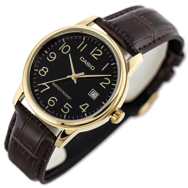 Casio MTP-V002GL-1B férfi karóra, arany tok, barna bőr szíj, dátum