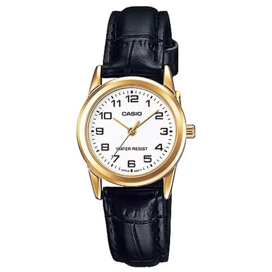 Casio női karóra, arany 24 mm tok, fekete bőrszíj, WR30