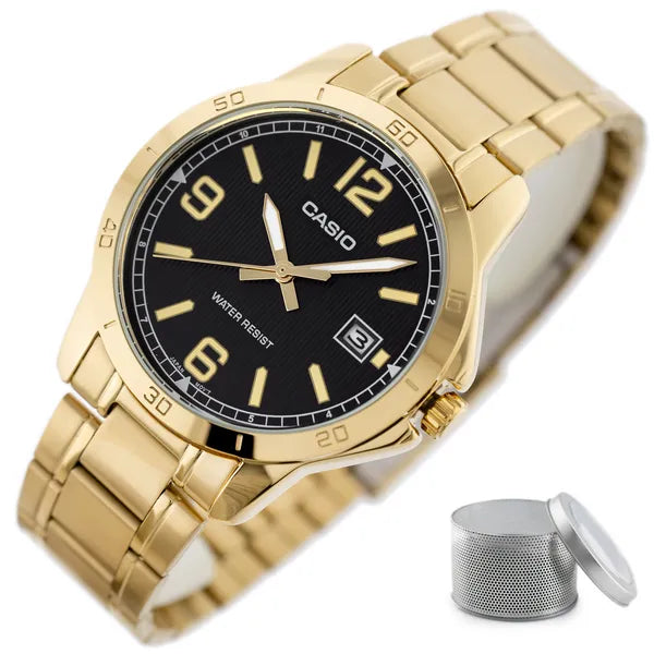 Casio MTP-V004G-1B férfi karóra, arany acél, fekete számlap, 42 mm