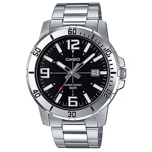 Casio férfi kvarc karóra, rozsdamentes acél, fekete számlap, 45 mm