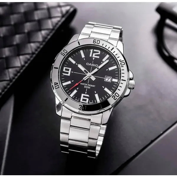 Casio férfi kvarc karóra, rozsdamentes acél, fekete számlap, 45 mm