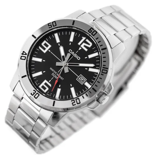 Casio férfi kvarc karóra, rozsdamentes acél, fekete számlap, 45 mm