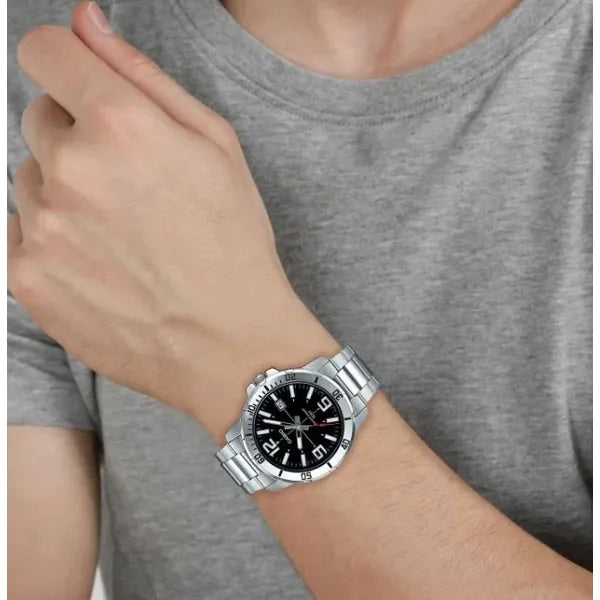Casio férfi kvarc karóra, rozsdamentes acél, fekete számlap, 45 mm