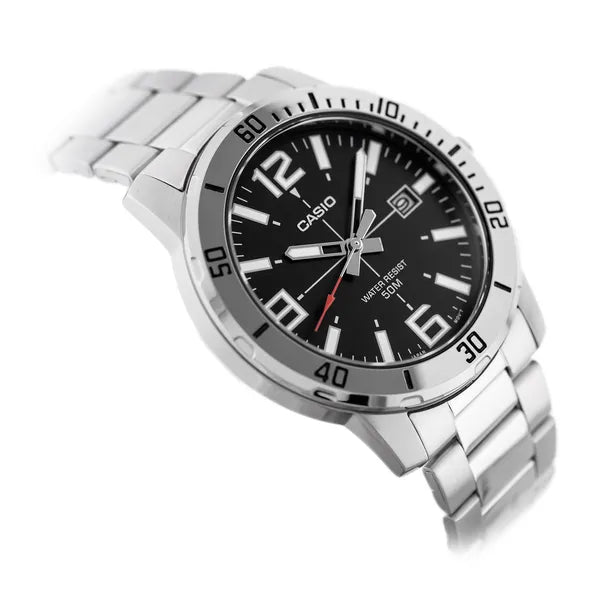 Casio férfi kvarc karóra, rozsdamentes acél, fekete számlap, 45 mm