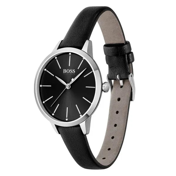 Hugo Boss Symphony női karóra, 38 mm, fekete bőr szíj, ezüst tok