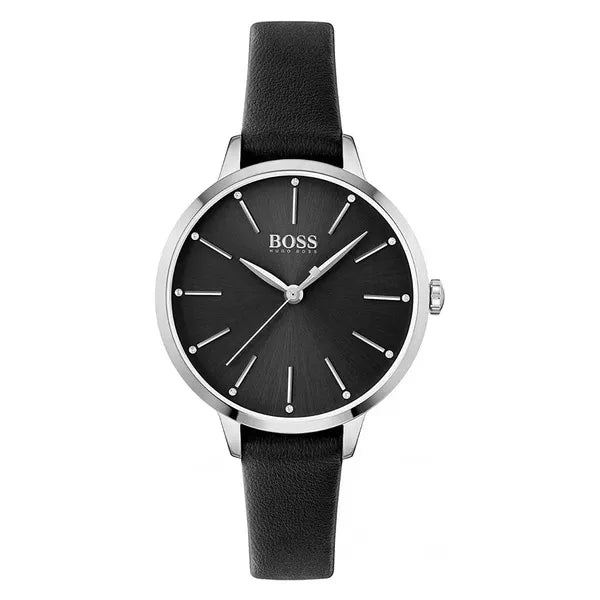Hugo Boss Symphony női karóra, 38 mm, fekete bőr szíj, ezüst tok