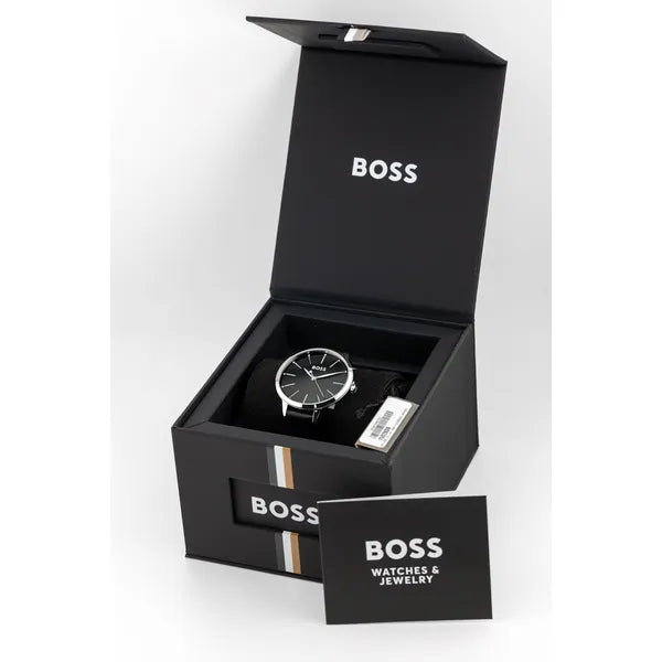 Hugo Boss Symphony női karóra, 38 mm, fekete bőr szíj, ezüst tok