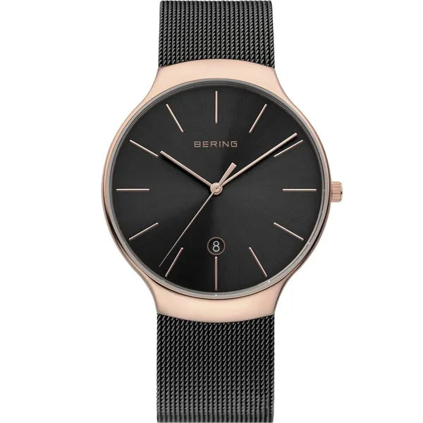 Bering Classic férfi karóra 38 mm, fekete mesh szíj, rosegold tok, WR50
