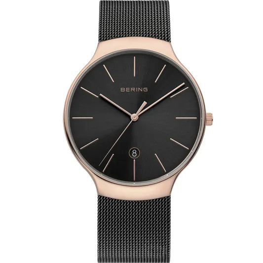 Bering Classic férfi karóra 38 mm, fekete mesh szíj, rosegold tok, WR50