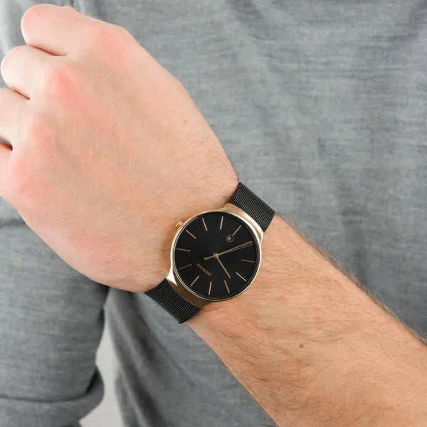 Bering Classic férfi karóra 38 mm, fekete mesh szíj, rosegold tok, WR50