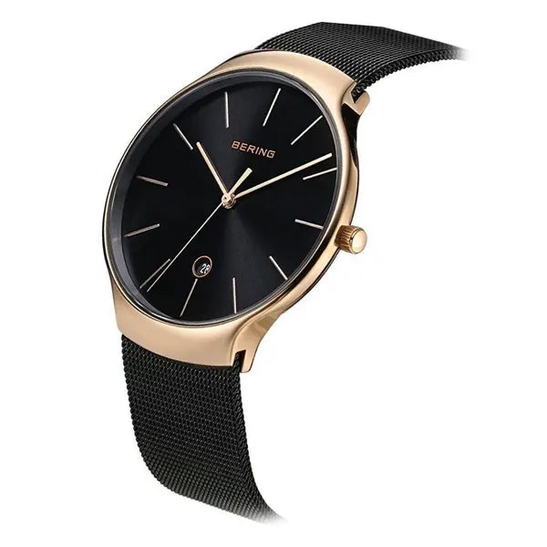 Bering Classic férfi karóra 38 mm, fekete mesh szíj, rosegold tok, WR50