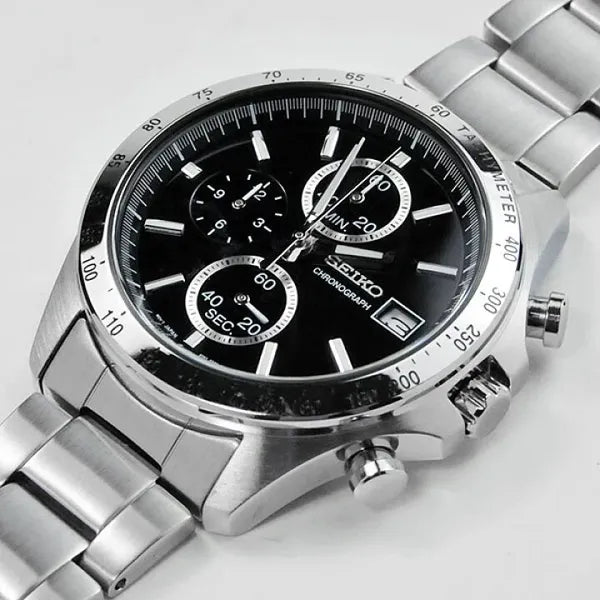 Seiko férfi kronográf karóra quartz acél WR100 fekete számlap