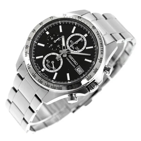 Seiko férfi kronográf karóra quartz acél WR100 fekete számlap