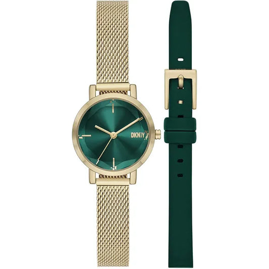 DKNY NY6631 SOHO női ajándékszett karóra, arany acél/zöld bőr szíj