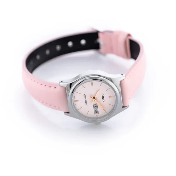 Casio LTP-V006L-4B női karóra rózsaszín bőrszíjjal, acél tok, dátum, WR30