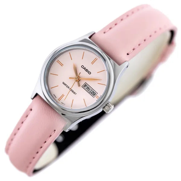 Casio LTP-V006L-4B női karóra rózsaszín bőrszíjjal, acél tok, dátum, WR30