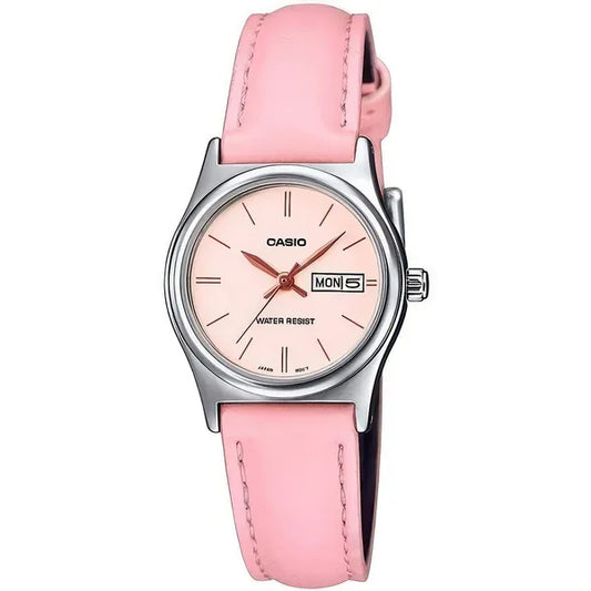 Casio LTP-V006L-4B női karóra rózsaszín bőrszíjjal, acél tok, dátum, WR30